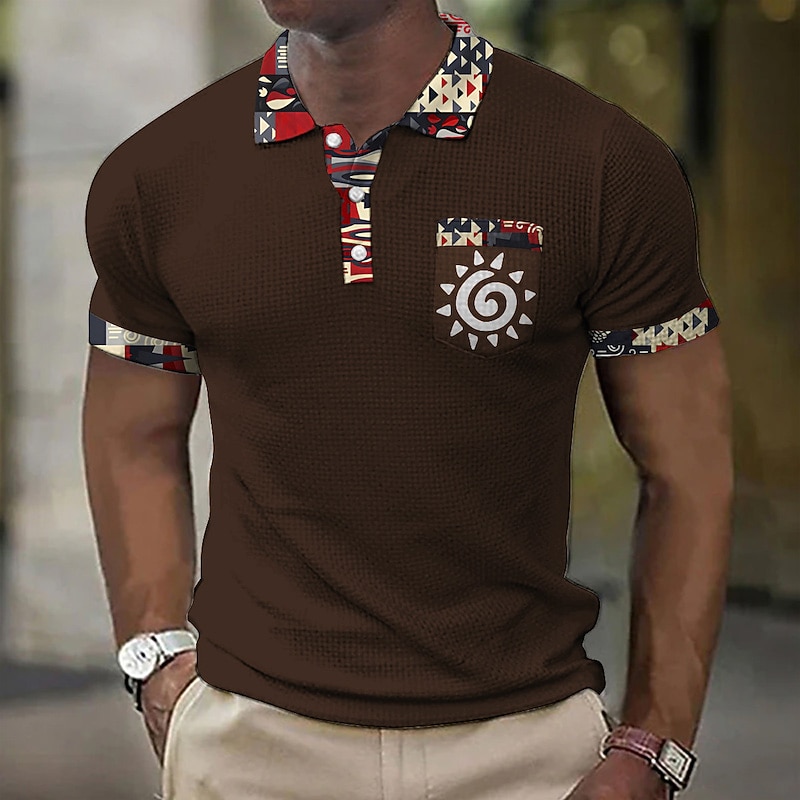 Men's Graphic Prints Vintage Totem Waffle Polo Shirts Polo Shirts Lapel Polo Button Up Polos Golf Shirt Short Sleeve Shirt Turndown Outdoor Street Black White Wine Blue Brown Print Clothing Apparel3