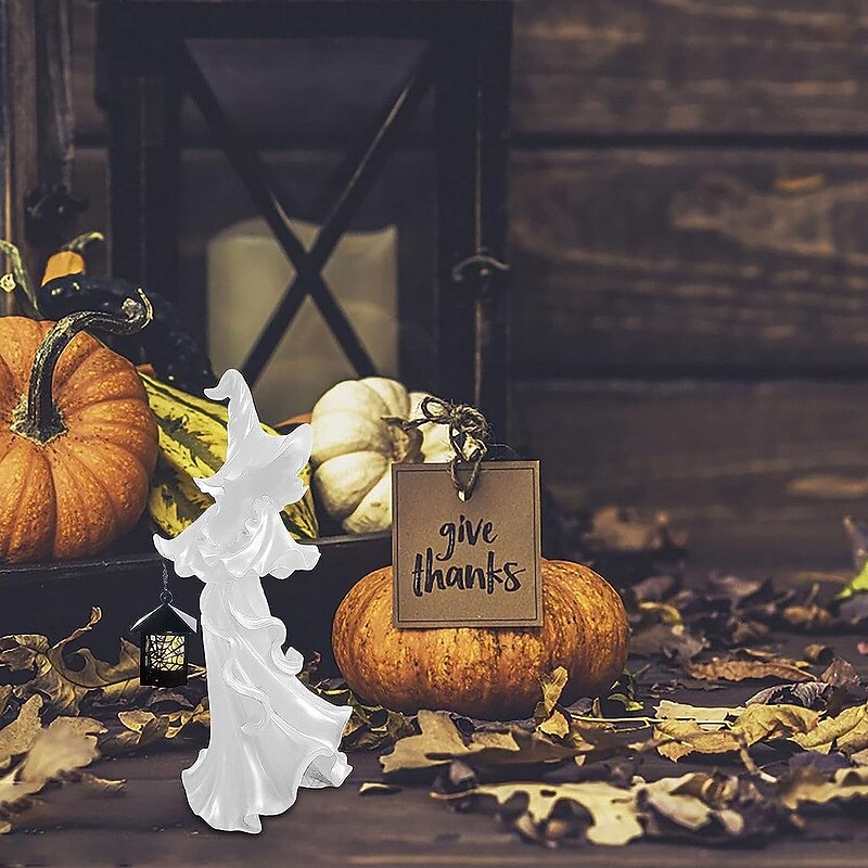 Cracker Barrel Witch Halloween Decoration Ghost with Lantern Faceless Ghost Sculpture Witch Ghost Lamp Hell Messenger Holding Lantern Statue Realistic Halloween Theme Props3