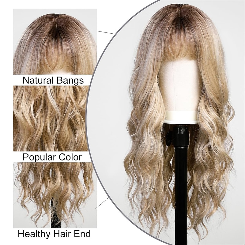 Ombre Dirty Blonde Wigs with BangsAsh Blonde Long Wavy Wig for WomenLong Curly Synthetic Hair Wig for Party Daily Use 24IN4