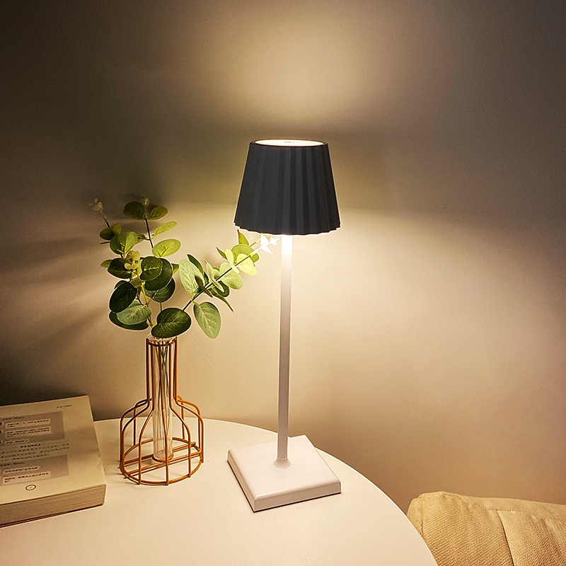Cordless Table Lamp Eye Protection Aluminum Touch Stepless Dimming Pleated Lampshades Rechargeable Non Slip LED Tri-color Table Lamp with USB Charging Cable for Dining Room4