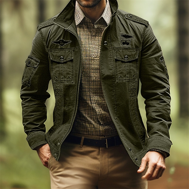 Men's Outdoor Jacket Tactical Jacket Outdoor Daily Wear Warm Zipper Pocket Fall Winter Plain Fashion Streetwear Lapel Regular Black Khaki Army Green Jacket3