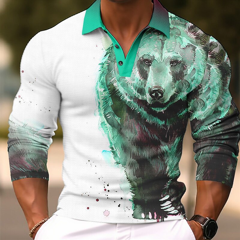 Men's Bear Polo Shirts Golf Shirt Long Sleeve Polo Shirts Collared Shirts Casual Funny Streetwear Vacation Wear Party Outfits 3D Print Buttons Blue-Green Yellow Blue4