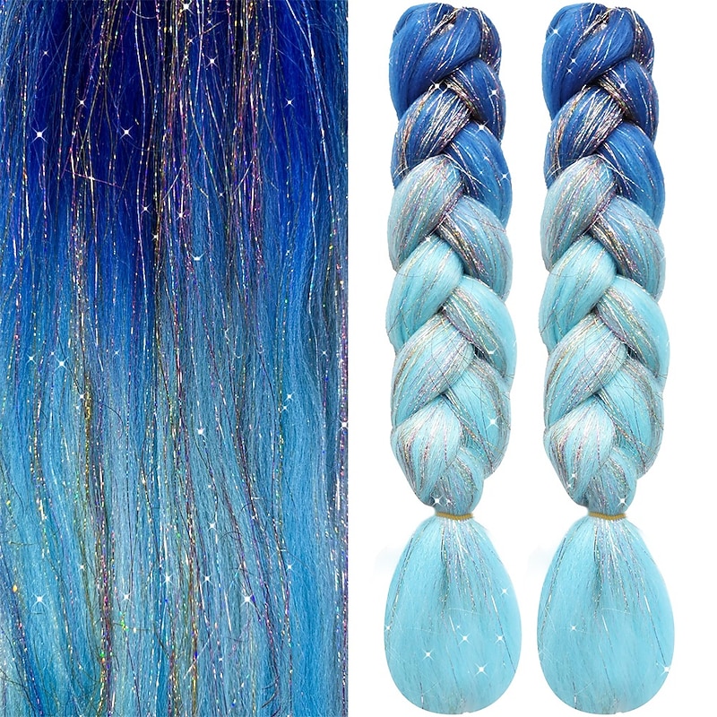 2Pcs Hair Extensions for Braids Ombre Braiding Hair Add Tinsel Hair Extension Sparkly Braiding Hair 24 Inch Braiding Hair Pre Stretched Ombre 100g Heat Resistant Colorful Synthetic Braiding 3 Tone f