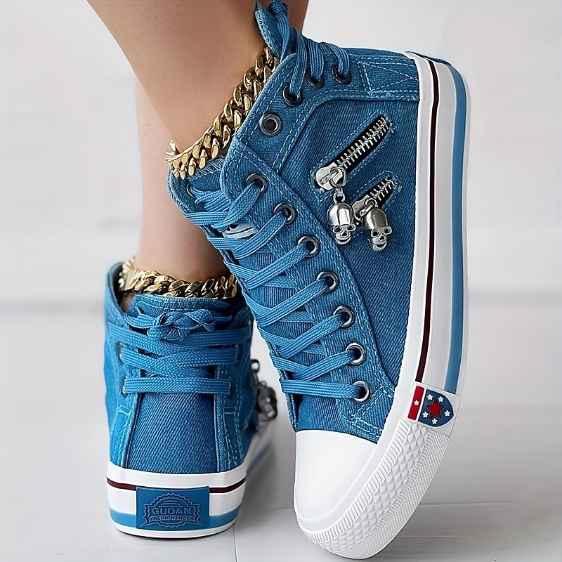 Women's Blue Denim High-Top Sneakers with Skull Charms and Zipper Detail - Casual Retro Style for Everyday Wear2