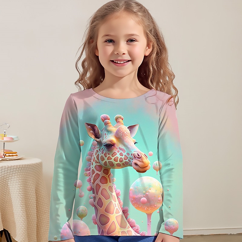 Girls' 3D Graphic Animal Giraffe T shirt Tee Long Sleeve 3D Print Summer Fall Active Fashion Cute Kids 3-12 Years Outdoor Casual Daily Regular Fit3
