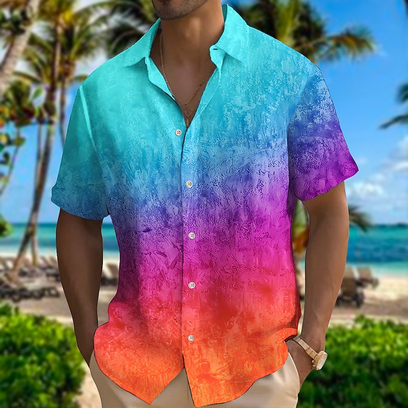 Men's Gradient Geometric Pattern Shirt Button Up Shirt Short Sleeve Fashion Designer Casual Outdoor Casual Summer Spring Turndown Print Pink Blue