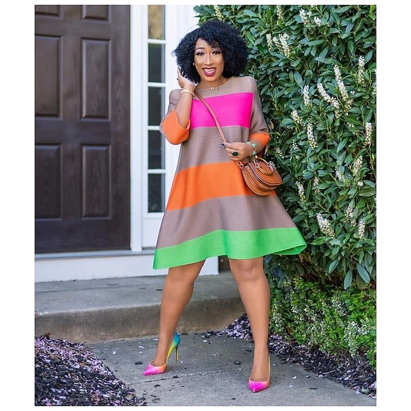 Women's Midi Dress Casual Dress Swing Dress Basic Modern Daily Going out Weekend Loose Fit Striped Color Gradient Short Sleeve Crew Neck Color stripes Summer Spring4