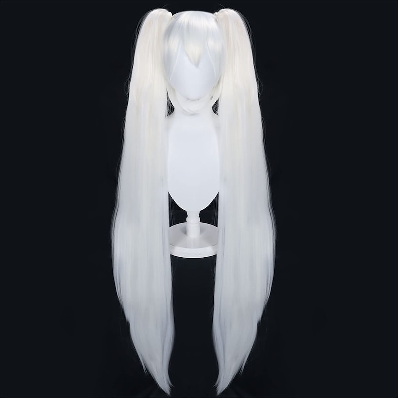 White Wig with Double Ponytails Wigs for Women Long Straight Synthetic Hair Wigs for Halloween 2 Pigtail With Bangs Wig for Anime Cosplay Halloween Chrismas Party Wig for Girls