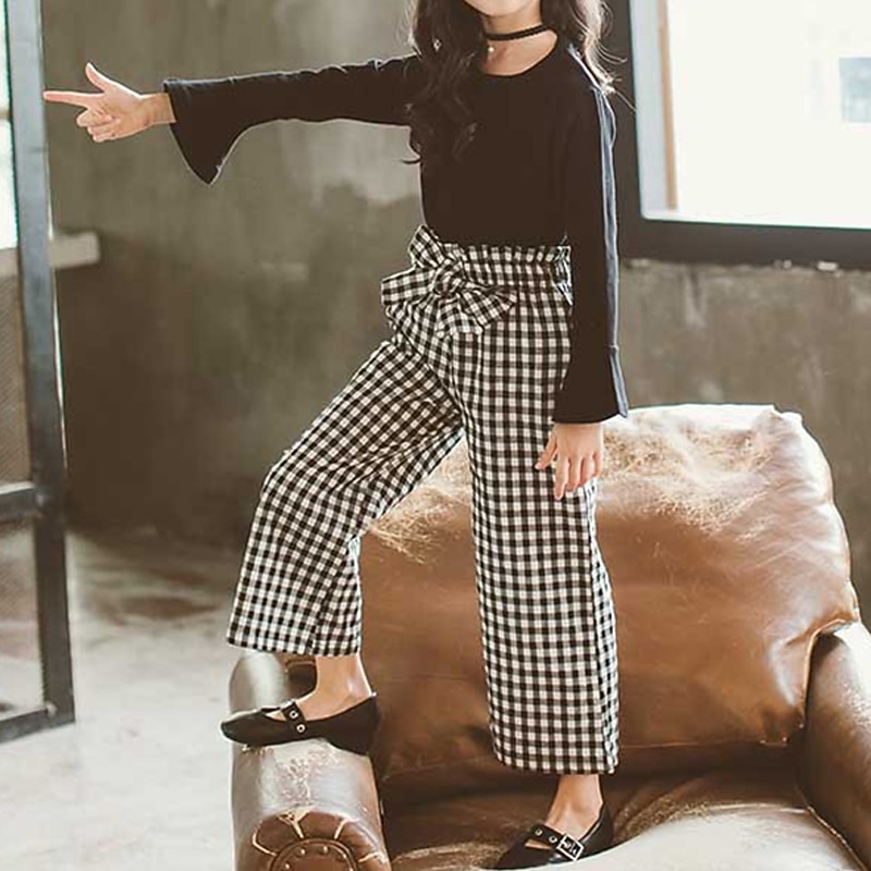 2 Pieces Kids Girls' Plaid Pants Suit Set Long Sleeve Fashion Outdoor 7-13 Years Fall Black2