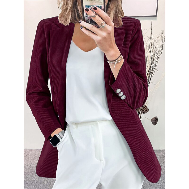 Women's Corduroy Jacket Blazer Formal Button Solid Color Windproof Fashion Regular Fit Outerwear Long Sleeve Fall claret S4