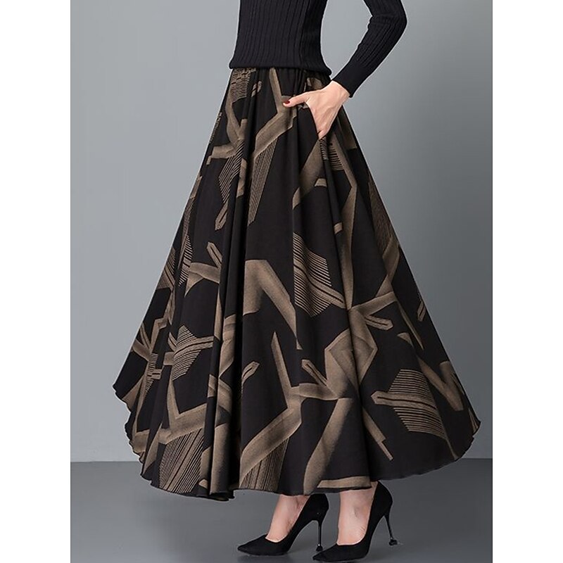 Women's Skirt A Line Maxi High Waist Skirts Pleated Pocket Print Floral Office / Career Street Winter Fashion Casual Black Yellow Red