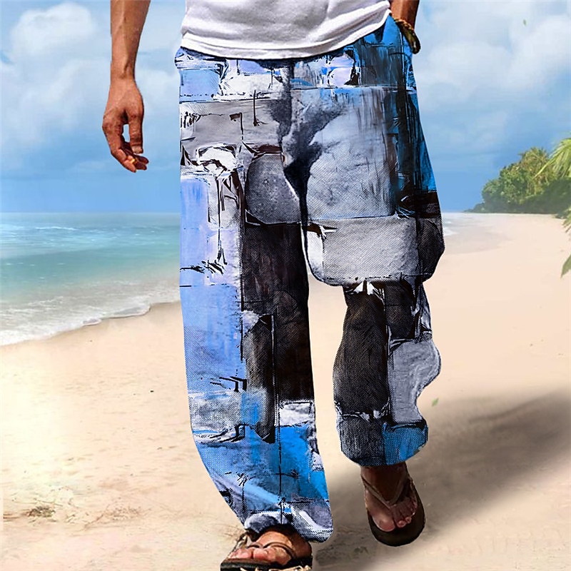Men's Trousers Summer Pants Beach Pants Drawstring Elastic Waist 3D Print Color Block Graphic Prints Geometry Comfort Casual Daily Holiday Streetwear Hawaiian Yellow Blue2