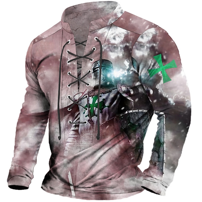 Knights Of Malta Mens Graphic Shirt Templar Prints Fashion Designer Casual Henley Tee Outdoor Daily Wear Vacation Light Green Burgundy Blue Cross Lace Up Pink Cotton3