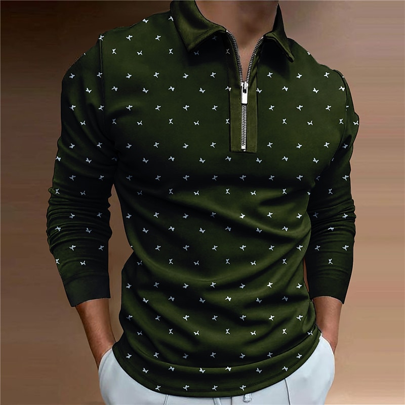 Men's Zip Polo Shirts Golf Shirt Long Sleeve Polo Shirts Collared Shirts Business Casual WorkWear Formal Wear Festival Wear 3D Print Quarter Zip Polo Olive Green Wine Navy Blue3