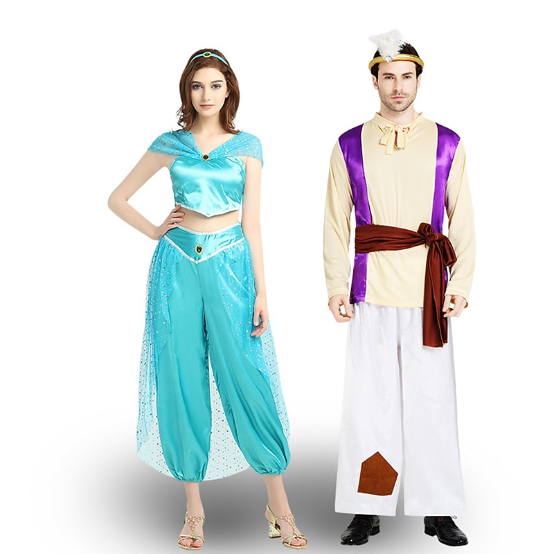 Couples Aladdin Princess Jasmine Halloween Group Couples Costumes Men's Women's Movie Cosplay Cosplay Blue Purple Top Pants Belt Halloween Carnival Masquerade2
