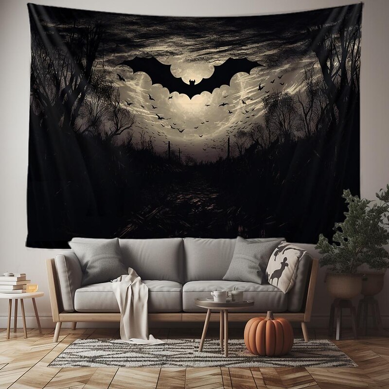 Halloween Bat Horror Forest Hanging Tapestry Wall Art Large Tapestry Mural Decor Photograph Backdrop Blanket Curtain Home Bedroom Living Room Decoration2