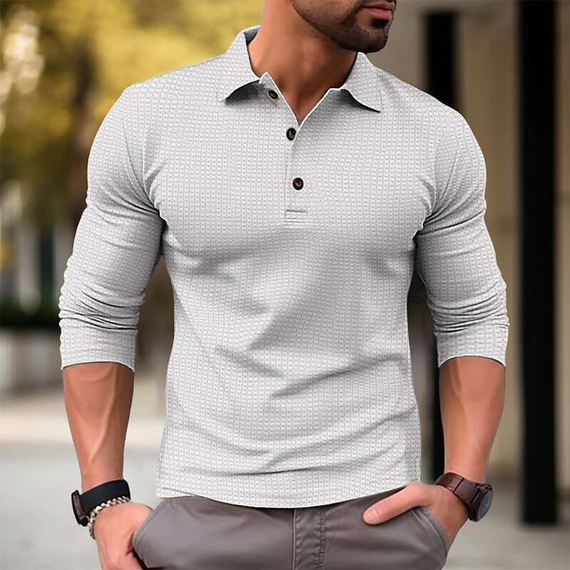 Men's Waffle Polo Shirt Button Up Polos Casual Sports Lapel Long Sleeve Fashion Basic Plain Button Spring &  Fall Regular Fit Army Green Orange Khaki Light Grey Waffle Polo Shirt3