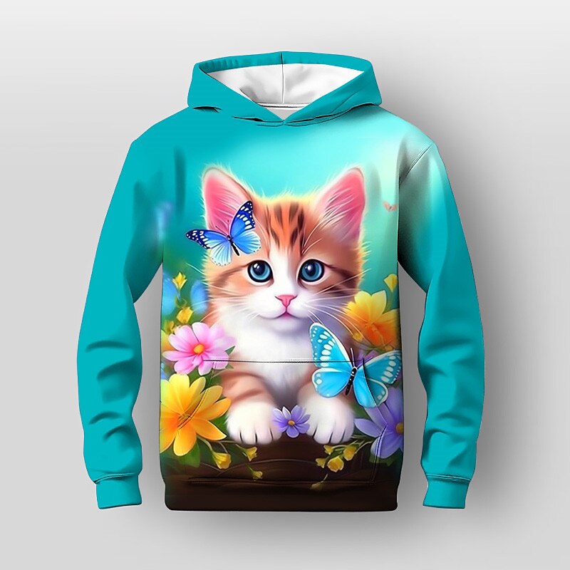 Girls' 3D Floral Cartoon Cat Hoodie Long Sleeve 3D Print Fall Winter Active Fashion Cute Kids 3-12 Years Outdoor Casual Daily Regular Fit3