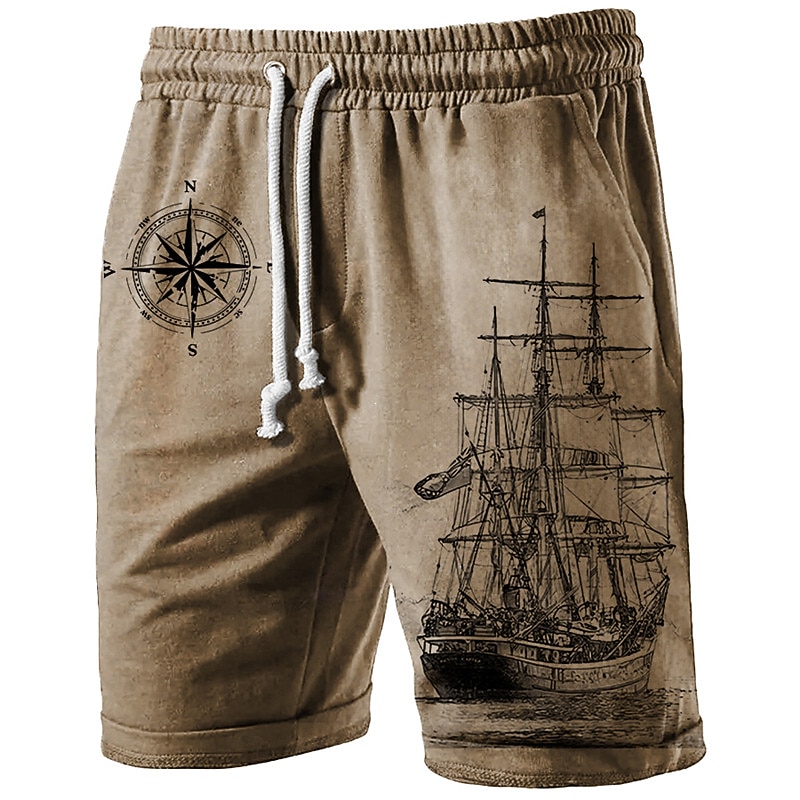 Men's Compass Sailboat Sweat Shorts Beach Shorts Terry Shorts Mid Waist Casual Athleisure Daily Holiday Streetwear Drawstring Elastic Waist 3D Print Designer Clothing Apparel
