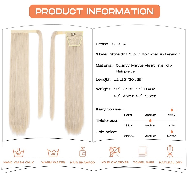 28 Inch Clip in Ponytail Extension Wrap Around Long Straight Pony Tail Hair Synthetic Hairpiece for Women Color Blonde with Pale Gold Highlights2