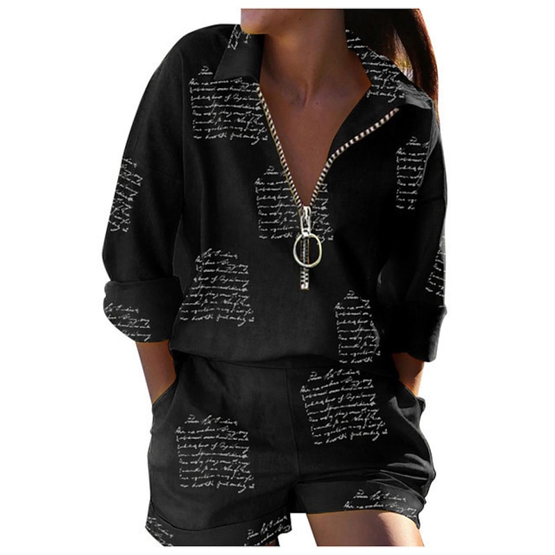 Women's Fashion Boho Shirt Shorts Sets Baggy Shorts Long Sleeve Shirt Collar Graphic Butterfly Zipper Print Casual Daily Black White Yellow Spring & Summer Regular Fit3