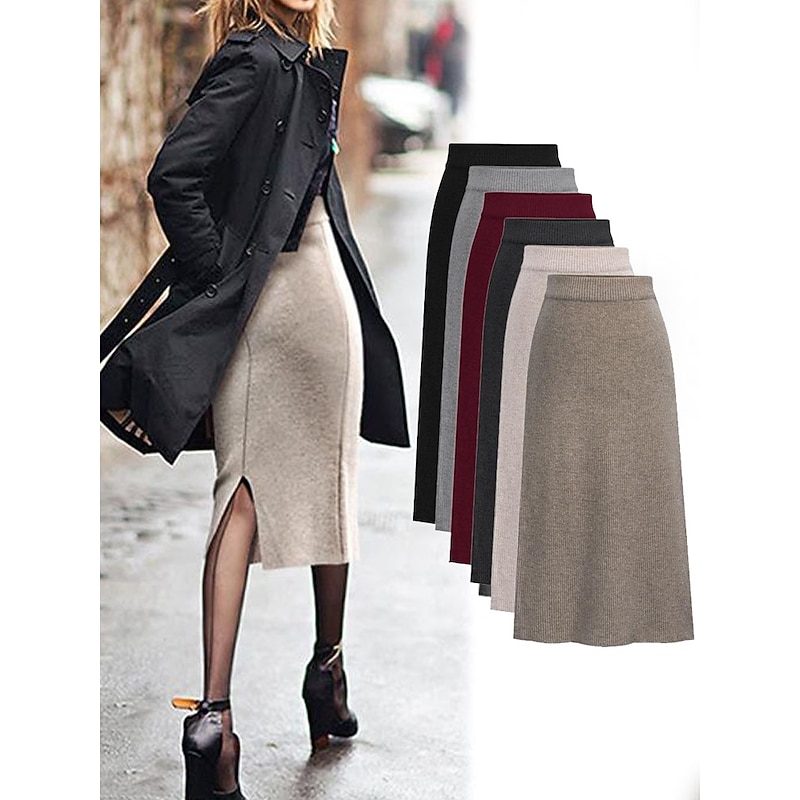 Women's Skirt Pencil Work Skirts Fashion Basic Casual Midi Skirts Solid Colored Split Knitting Office / Career Street caramel Black Wine khaki Autumn / Fall Woolen
