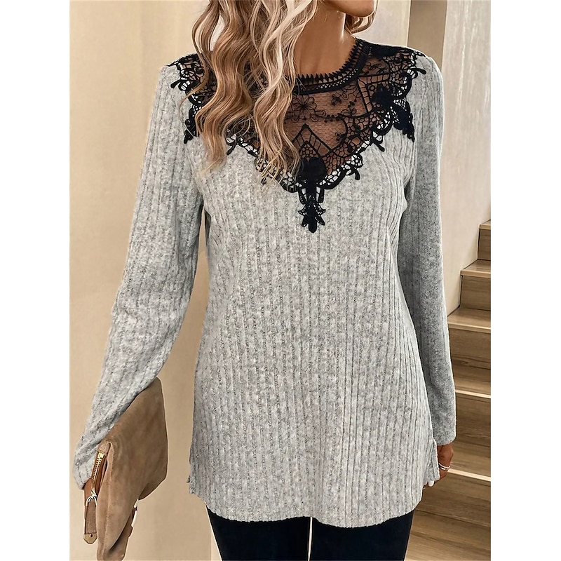 Women's Shirt Lace Shirt Blouse Mesh Patchwork Top Elegant Fashion Basic Color Block Lace Patchwork Long Sleeve Regular Tops Round Neck Casual Gray Spring Fall