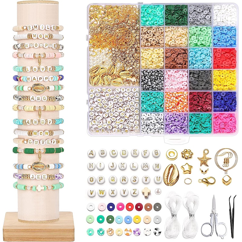 Bracelet Making Kit for Adults Friendship Clay Beads Jewelry&Bracelet Making Kit for Teen Girls Charm Bracelet Maker Set with Letter Beaded Kit for Teen Girls Birthday Gift 24-Color 4800Pcs