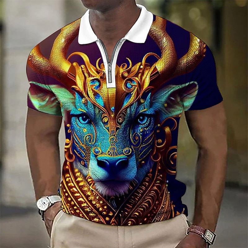 Men's Animal Leopard Graphic Prints Waffle Polo Shirts Polo Shirts Zip Polo Golf Shirt Short Sleeves Shirt Turndown Outdoor Street Black Yellow Blue Purple Green Zipper Print Clothing Apparel Fashion3