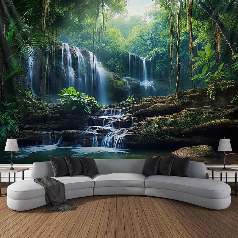 Forest Waterfall Hanging Tapestry Wall Art Large Tapestry Mural Decor Photograph Backdrop Blanket Curtain Home Bedroom Living Room Decoration3