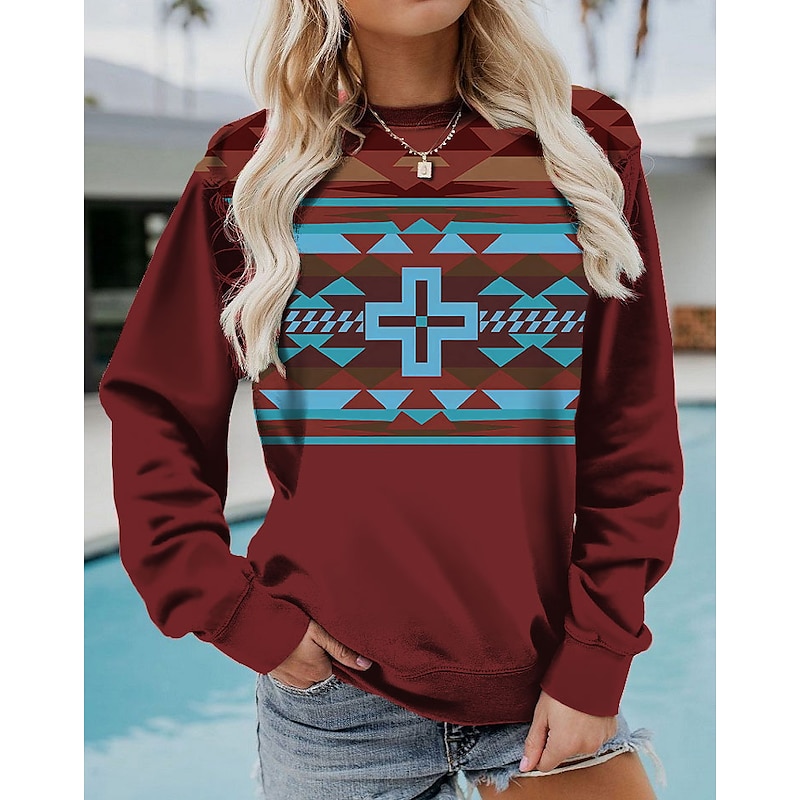 Women's Sweatshirt Pullover Geometric Aztecs Street Casual Vintage Sports Ethnic Round Neck Long Sleeve Top Micro-elastic Fall & Winter Comfrt Breathable Soft Fabric2