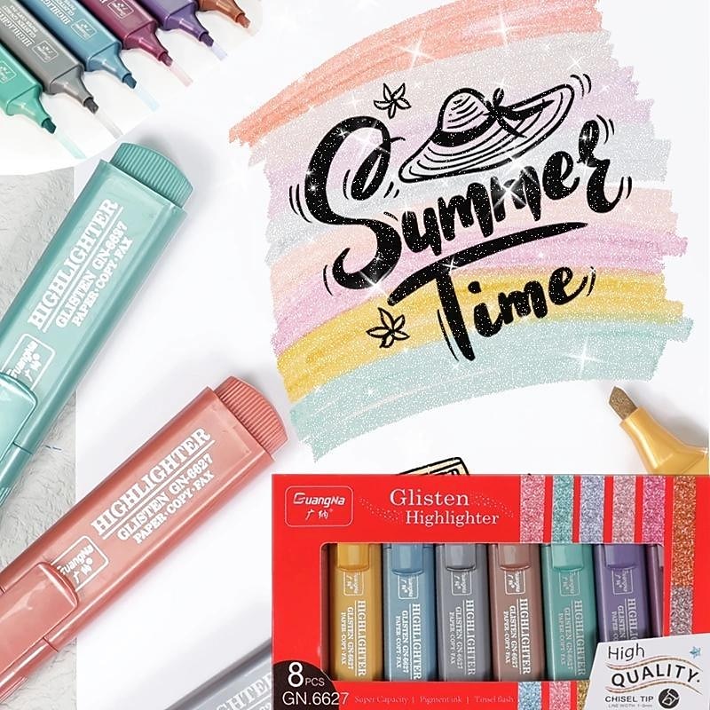 8 Colors Metallic Highlighter Set Oblique Tip Water-Based Shiny Glitter Color Marker Highlight Pen School Office Supplies