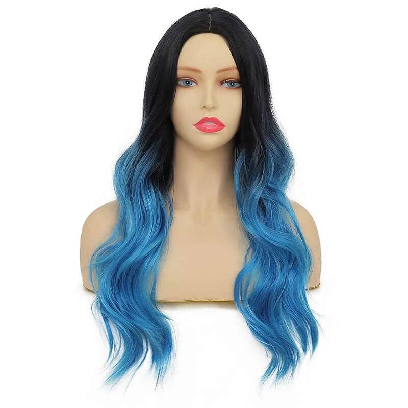 Long Curly Ombre Blue Wavy Wigs for Women Synthetic Hair Wigs Dark Roots Hair Cosplay Halloween Party Daily for Women Full Wig3