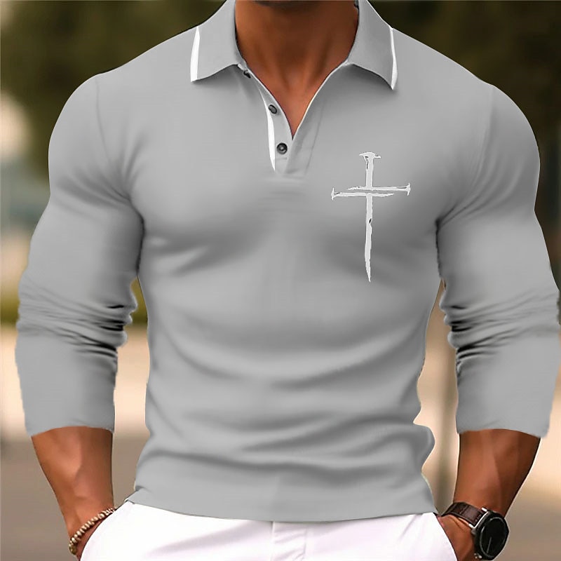 Men's Christian Polo Shirts Golf Shirt Long Sleeve Polo Shirts Collared Shirts Business Casual WorkWear Formal Wear Festival Wear 3D Print Buttons Fall & Winter Black Blue Green4