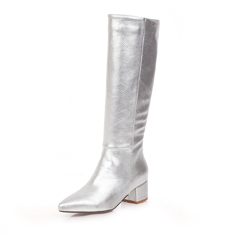 Women's Silver Metallic Faux Leather Knee-High Boots, Modern Pointed-Toe Design for Fashionable Street Style and Evening Outfits3