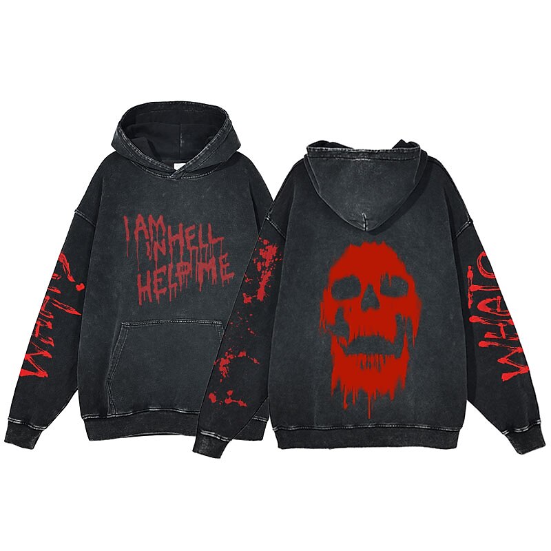 Halloween Scream Skull Skeleton Hoodie Oversized Acid Washed Tee Print Front Pocket Graphic For Couple's Men's Women's Adults' Masquerade Hot Stamping Casual Daily2