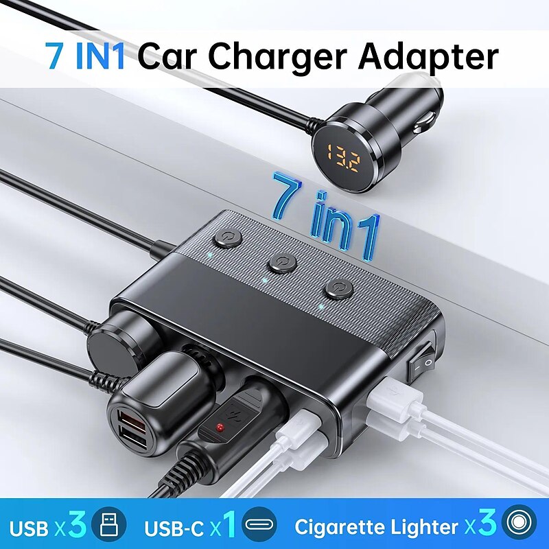 New 127w 7-in-1 Car Charger Splitter PD30w QC3.0 cigarette Lighter Adapter Car Cigarette Lighter Socket Splitter with Switch3