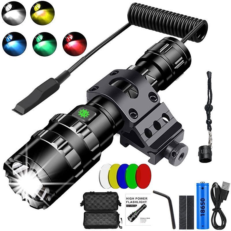 New L2 High-power Flashlight USB Charging Strong Light Tactical Suit Flashlight  Five Color Red Green Yellow  Blue White Light  LED Outdoor Hiking Hunting Flashlight