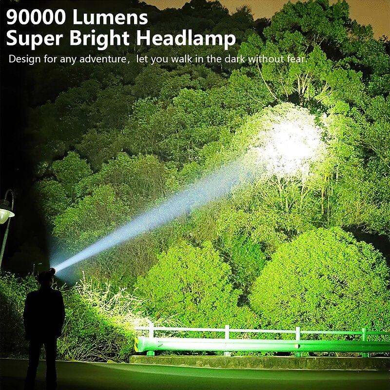 LED Rechargeable Headlamps, Camping Lights 90000 Lumen Super Bright Headlamp Flashlight 90° Adjustable 4 Modes IPX5 Waterproof USB Rechargeable Head Lamp2