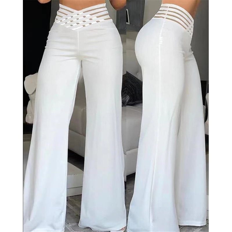 Women's Wide Leg Pants Trousers Fashion Streetwear Work Full Length High Waist Solid Color High Cut Comfort Breathability Soft Micro-elastic Party Daily Wear Robin's Egg Blue Black White Yellow Fall3