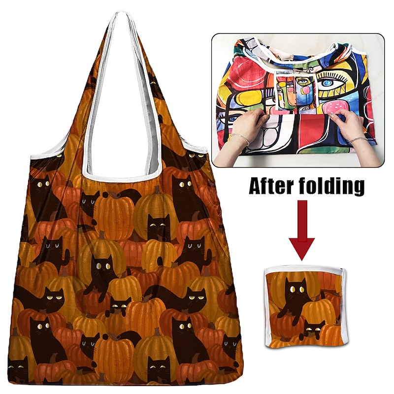 Large Capacity Foldable Halloween Tote Bag - Reusable Shopping Bag with Black Cat and Pumpkin Designs4