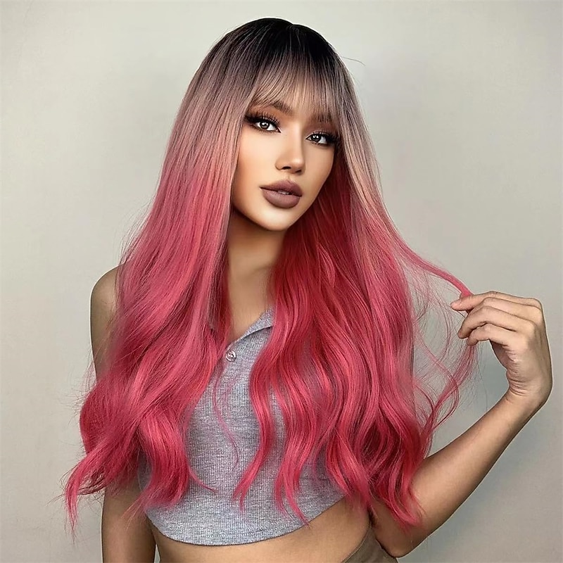 Long Ombre Pink Red Wavy Wigs for Women Black Pink Curly Wigs With Bangs Dark Roots Cosplay Wig Glueless Synthetic Wigs for Daily Party Use3