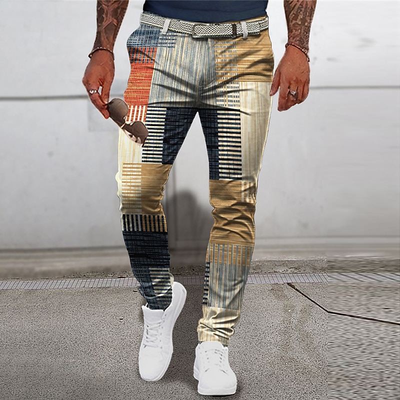 Plaid Geometry Business Men's 3D Print Pants Trousers Outdoor Street Wear to work Polyester Blue Green Khaki S M L Mid Waist Elasticity Pants