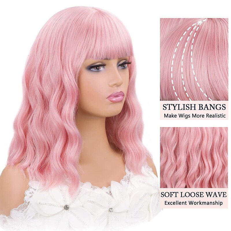 Pink Wig with Bangs Short Wavy Pink Wigs for Women Bob Wig 14 Inch Shoulder Length Middle Part Pastel Wig Curly Synthetic Colored Wigs for Girls Daily Cosplay Party Use3