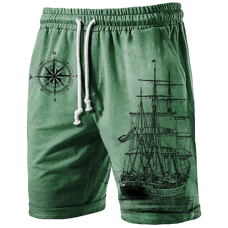 Men's Compass Sailboat Sweat Shorts Beach Shorts Terry Shorts Mid Waist Casual Athleisure Daily Holiday Streetwear Drawstring Elastic Waist 3D Print Designer Clothing Apparel2