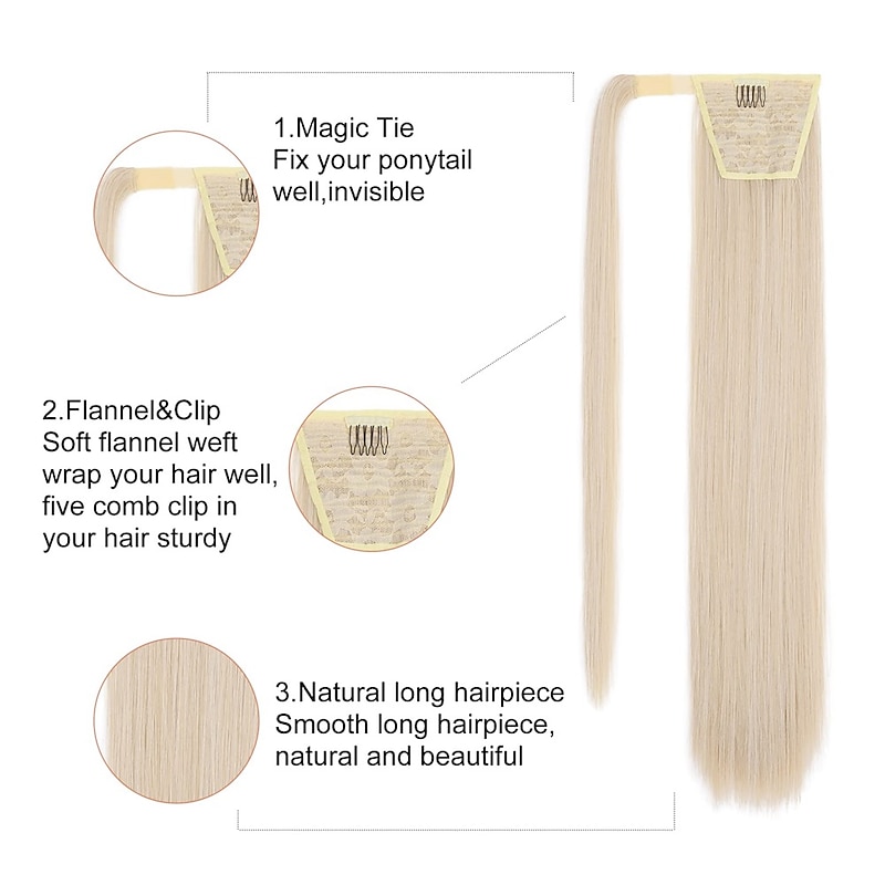 28 Inch Clip in Ponytail Extension Wrap Around Long Straight Pony Tail Hair Synthetic Hairpiece for Women Color Blonde with Pale Gold Highlights3