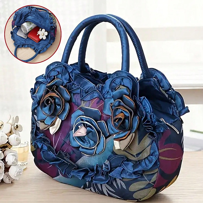 Women's Vintage Floral Embroidered Handbag – Elegant Blue Tote with 3D Rose Design, Spacious Interior, and Zipper Closure – Ideal for Casual Outings and Special Occasions