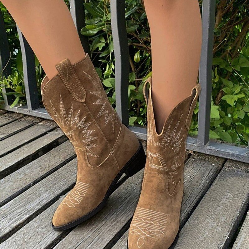 Women's Vintage Suede Cowboy Boots - Comfortable Western Style Mid-Calf Boots for Outdoor and Casual Wear2