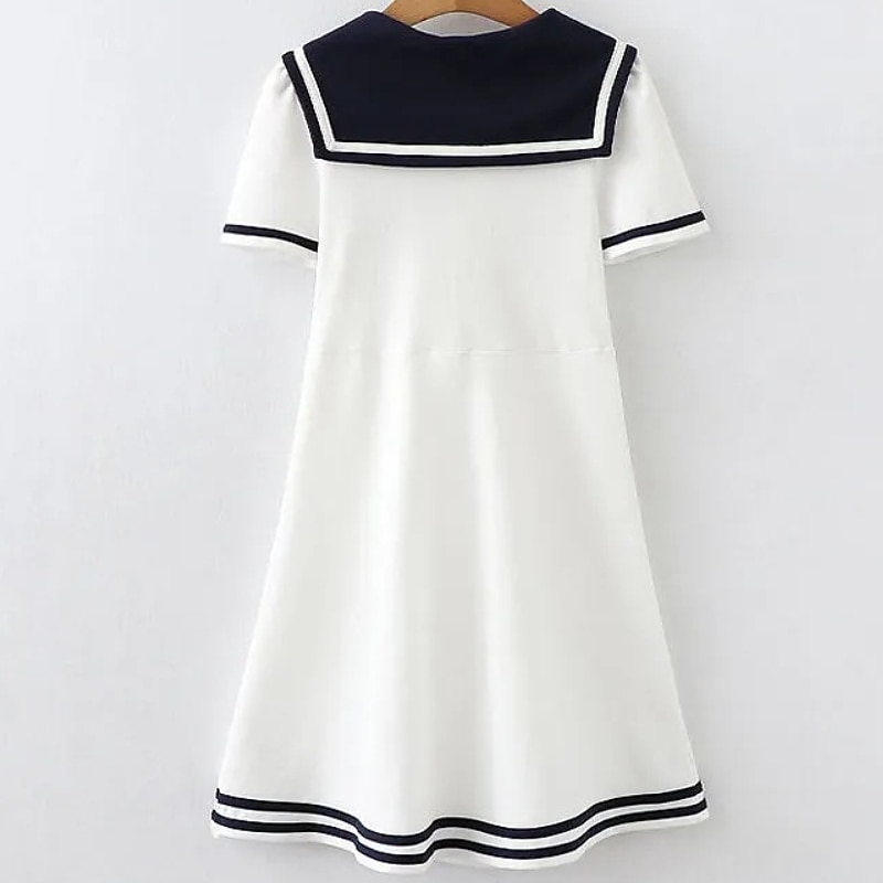 Kids Girls' Dress Stripe Letter Short Sleeve School Outdoor Casual Embroidered Fashion Daily Basic Cotton Knee-length Casual Dress A Line Dress Summer Dress Summer Spring 3-13 Years White Navy Blue4