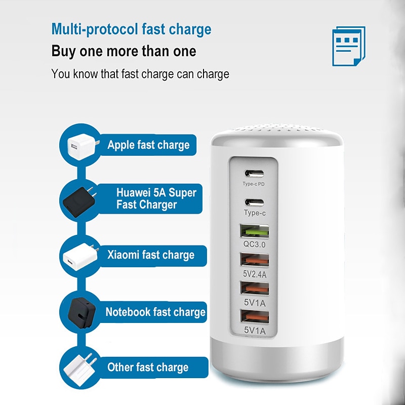 6 Port Desktop Charger, 65W USB Hub Charging Station (3 x USB+Type C+QC3.0+PD 18W), Multi-Port Charger Hub Desktop Charging Station, Fast Wall Charger Compatible with Smart Phones, Tablets and More3